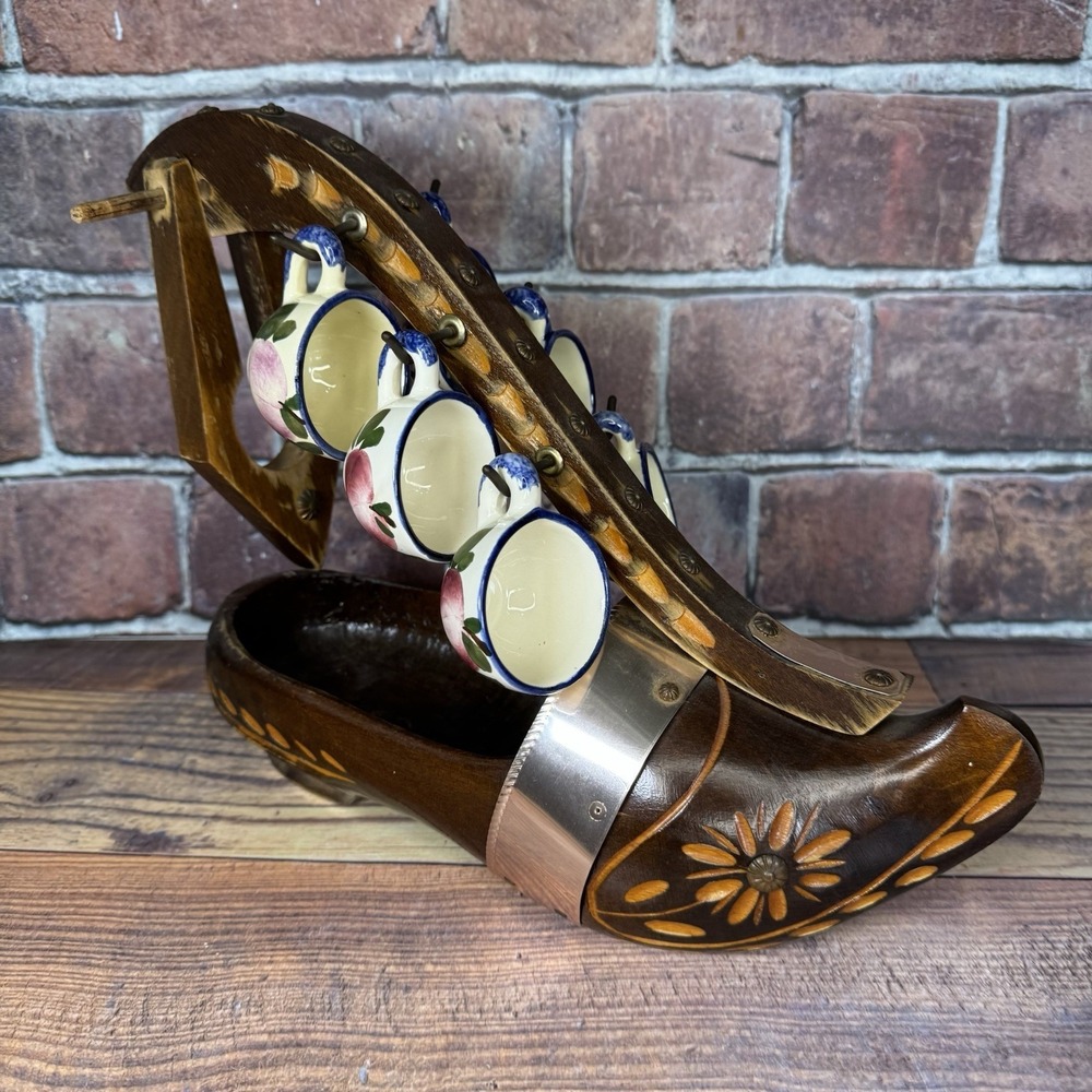 Vintage Dutch Clog Wine Bottle Holder Hand Carved‎ Wooden Shoe W 6 Quimper Cups